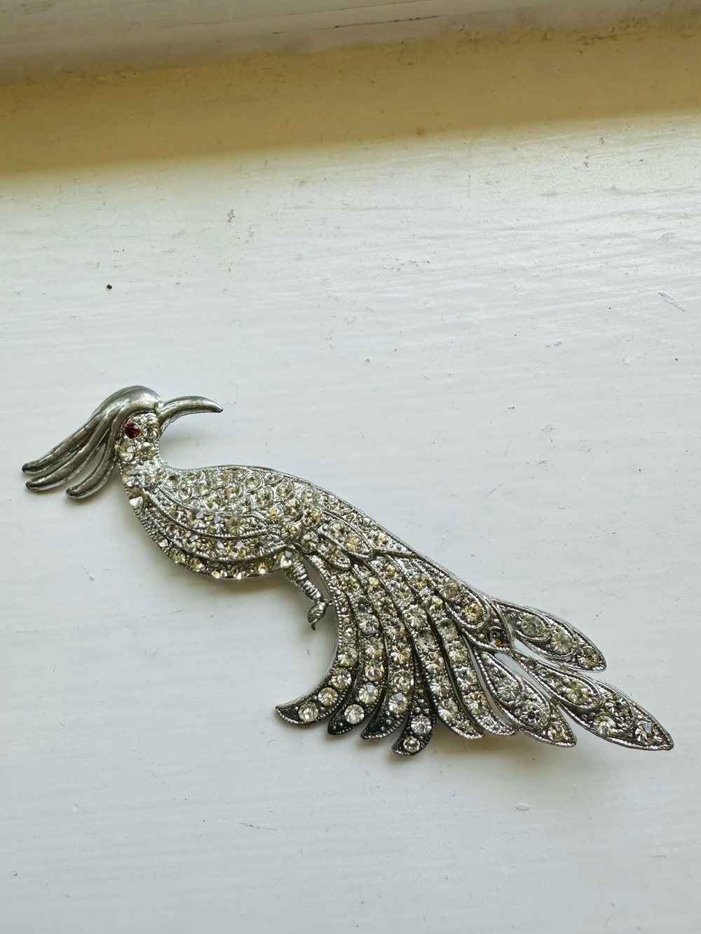 Rhinestone Bird Brooch with Red Accent